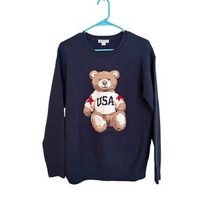 Mighty Fine Womens Navy Blue USA Bear Intarsia Knit‎ Crewneck Sweater Large NEW